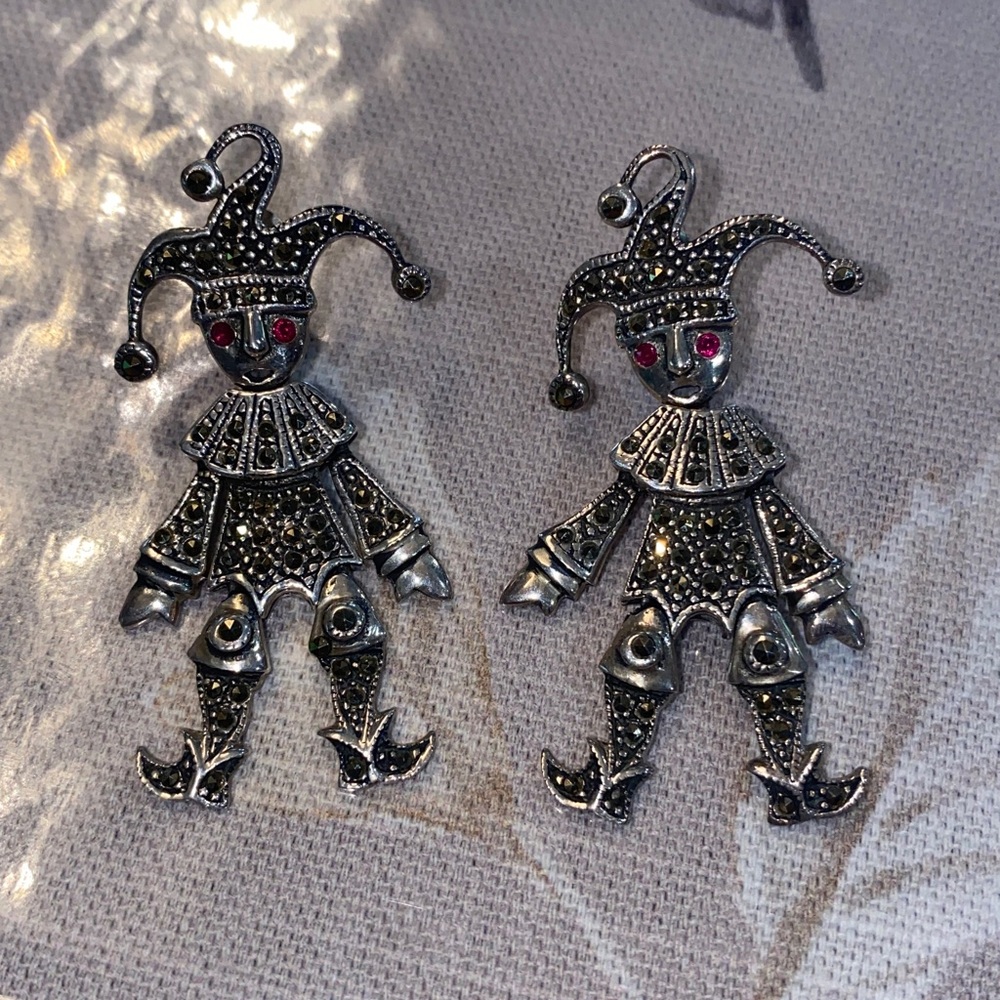 Silver Jester Earrings with Red/ Dark Pink Accents